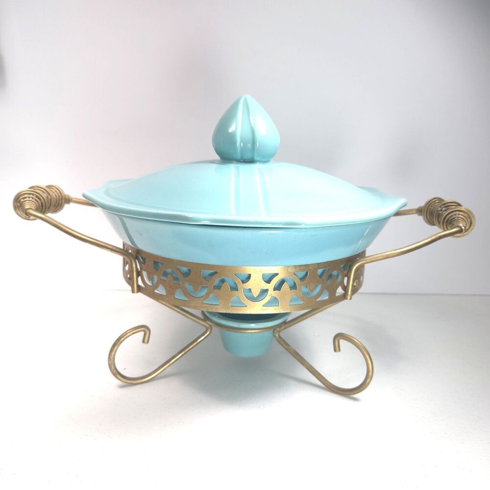 Vintage Miramar California Pottery Turquoise Covered Serving Dish Stand